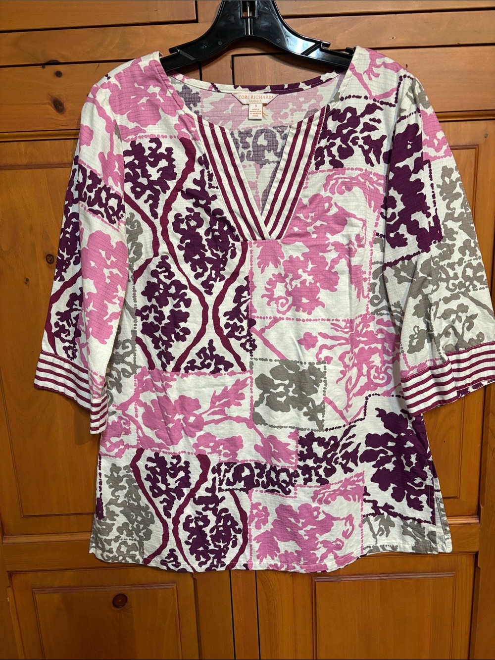 Tori Richard Pink Purple & Gray Patterned V-Neck Tunic